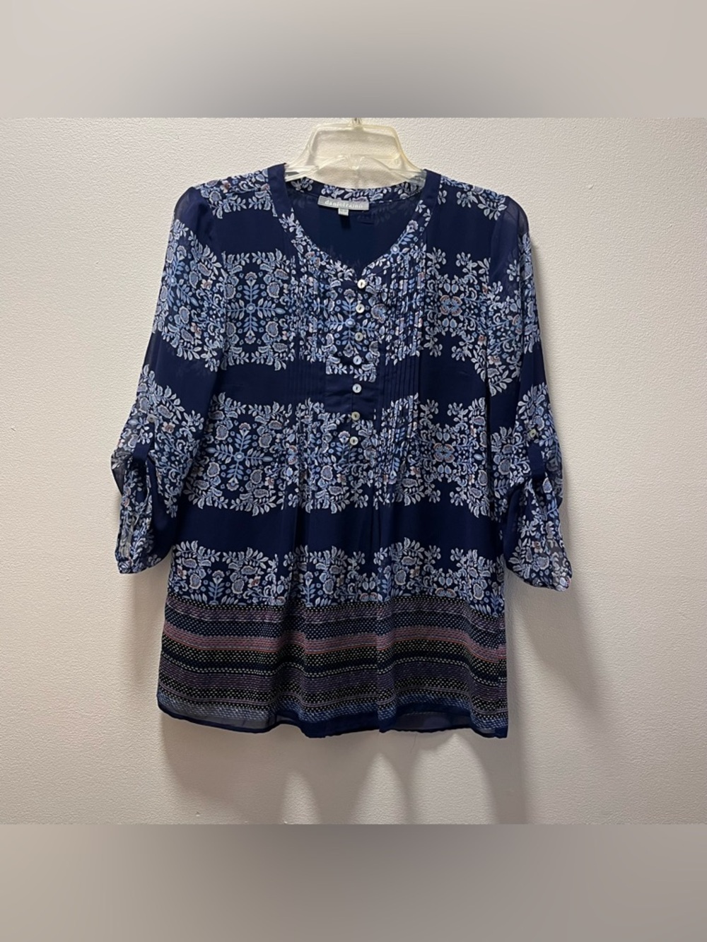 Daniel Rainn Relaxed Feminine Boho Tunic Sheer Blouse, Sz S, Navy And Florals